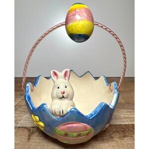 Hand-Painted Ceramic Easter Bunny Basket With Egg Handle & Decorative Details